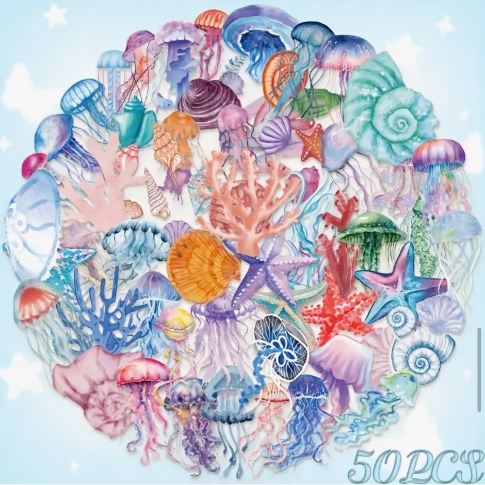 50 Colorful Seashells Underwater Life Stickers Starfish Coral Jellyfish